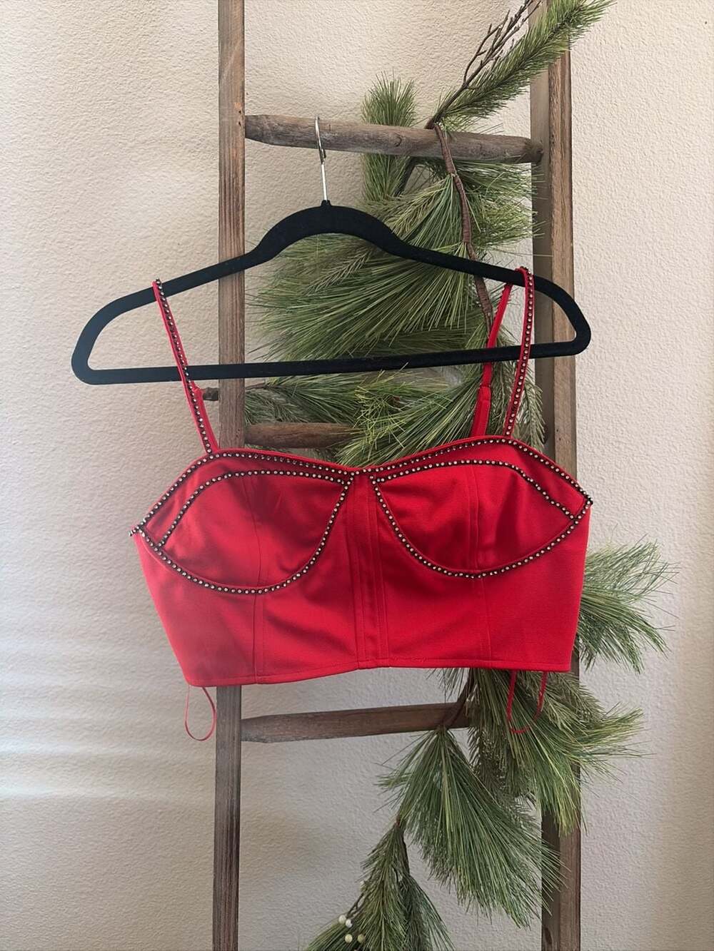 Aster Red Rhinestone Trim Bustier Crop Top, Size L